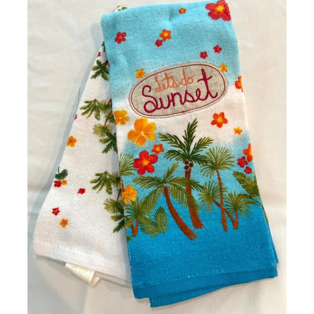 Kitchen Hand Towels Set Blue White Terry Tea Summer Tropical Palm Tree Sunset - Picture 3 of 7